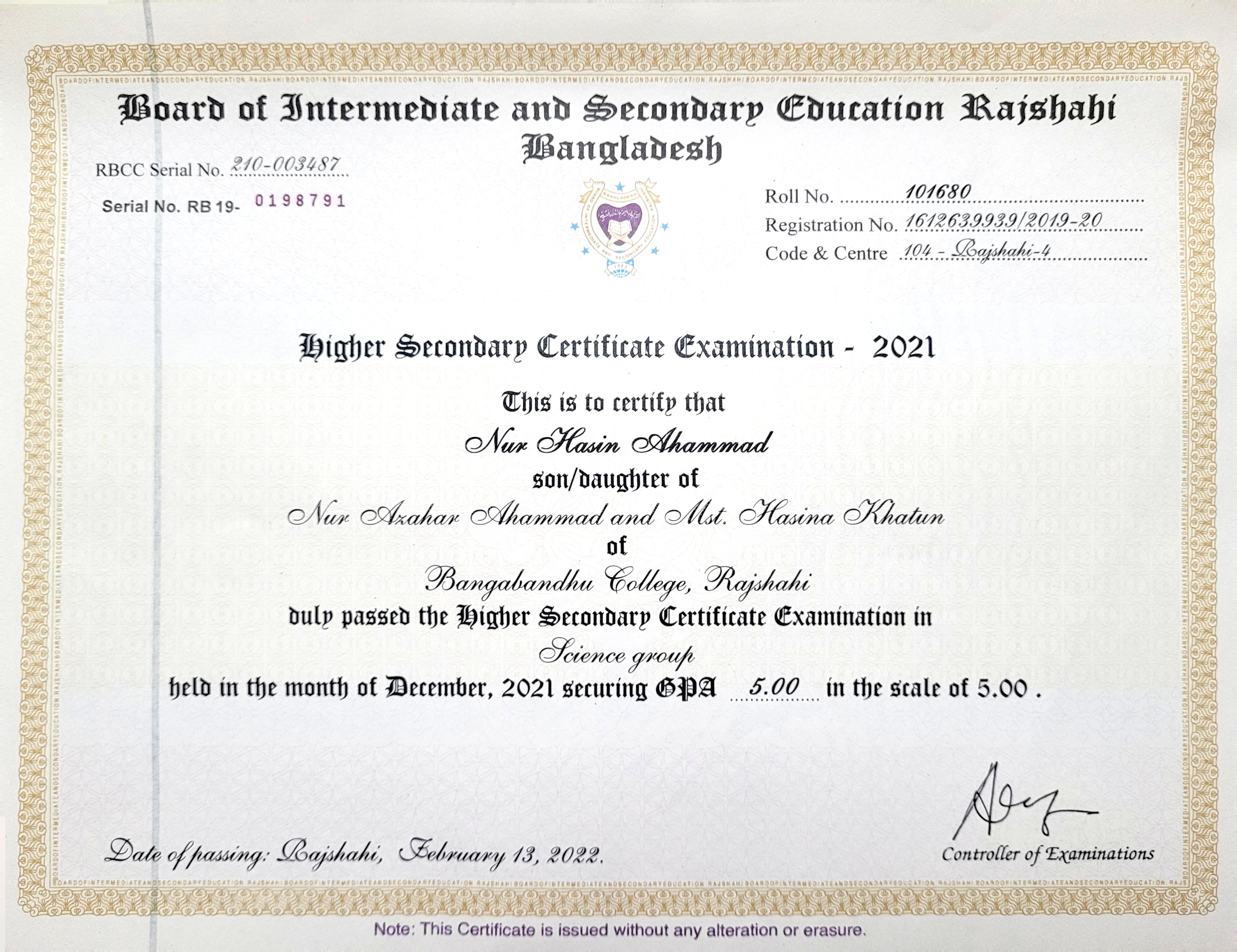 Higher Secondary Certificate (HSC) certificate